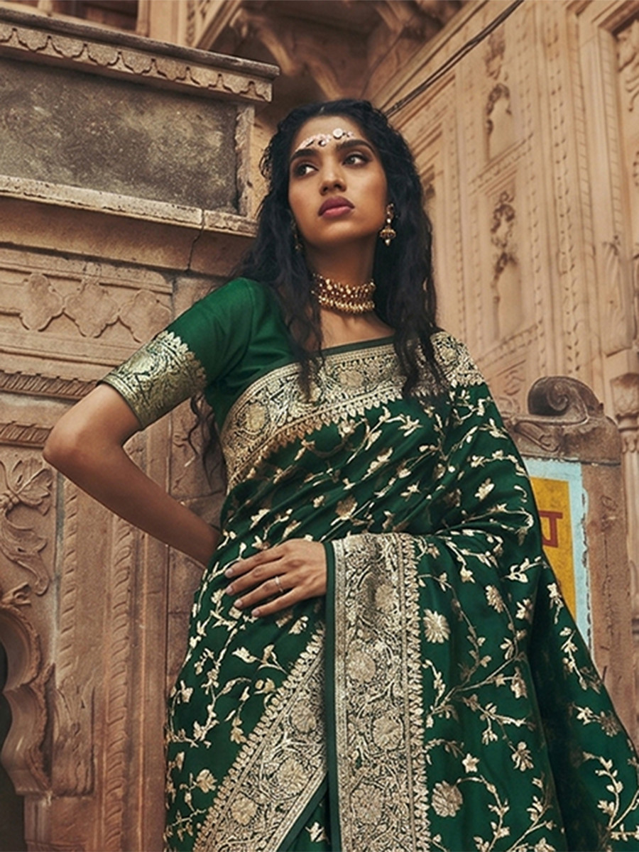 Green Art Silk Jacquard Wedding Reception Party Festival Casual Heavy Border Sarees