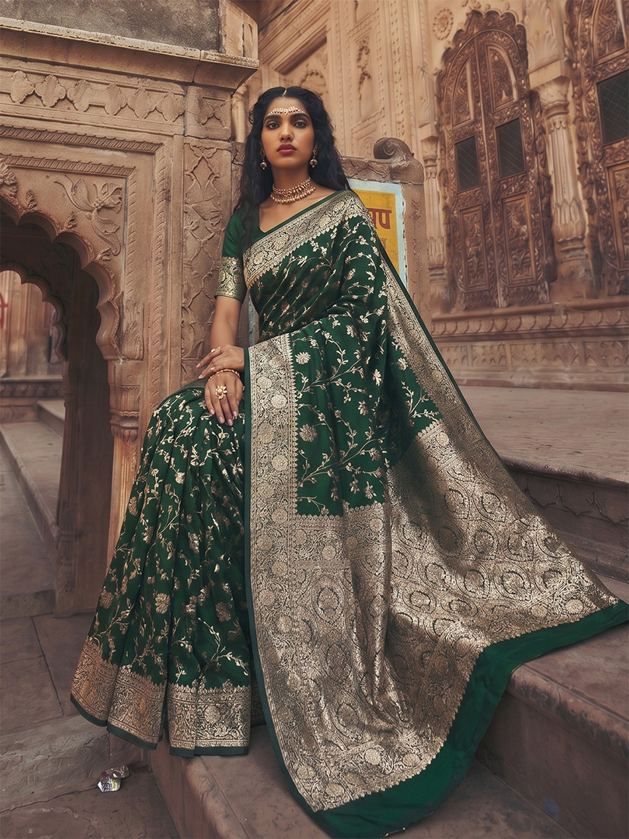 Green Art Silk Jacquard Wedding Reception Party Festival Casual Heavy Border Sarees