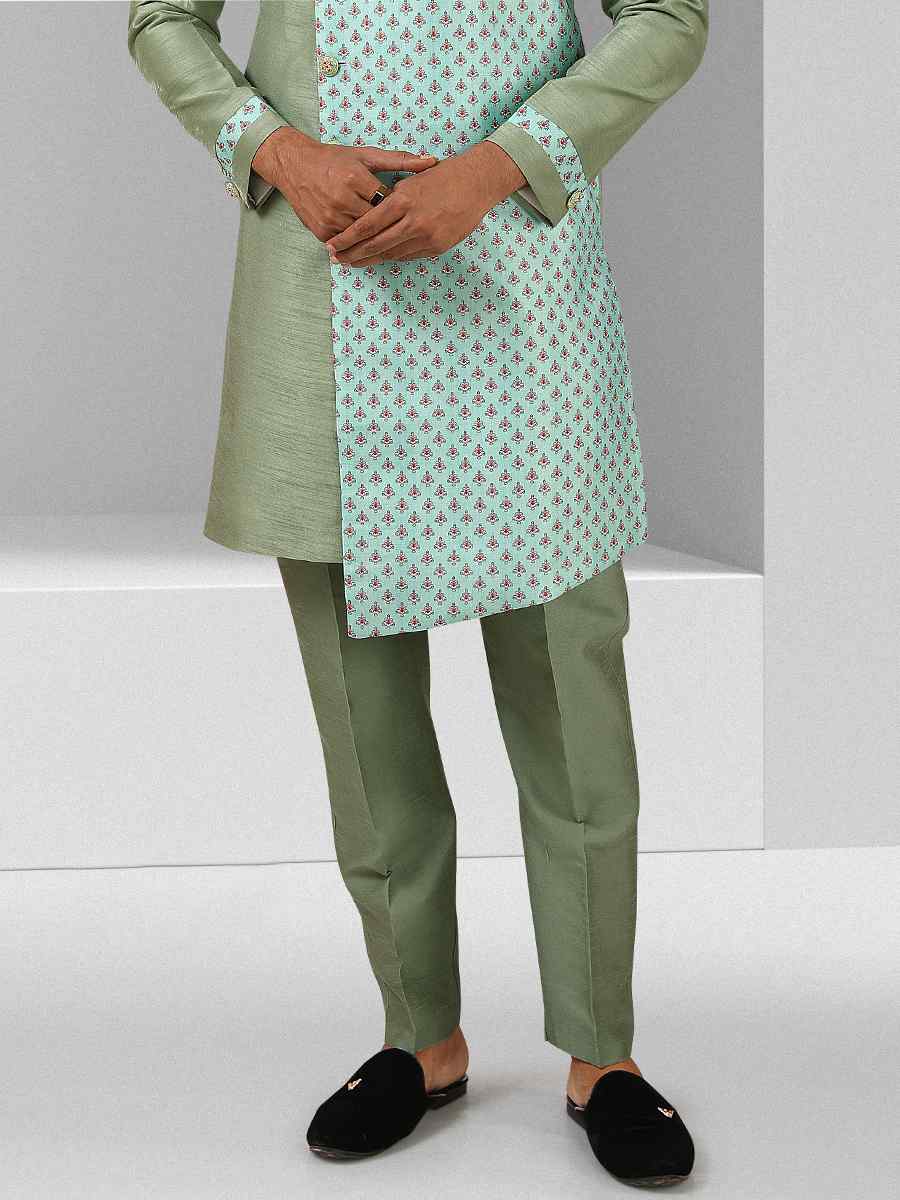 Green Art Silk Plain Printed Party Wedding Sherwani