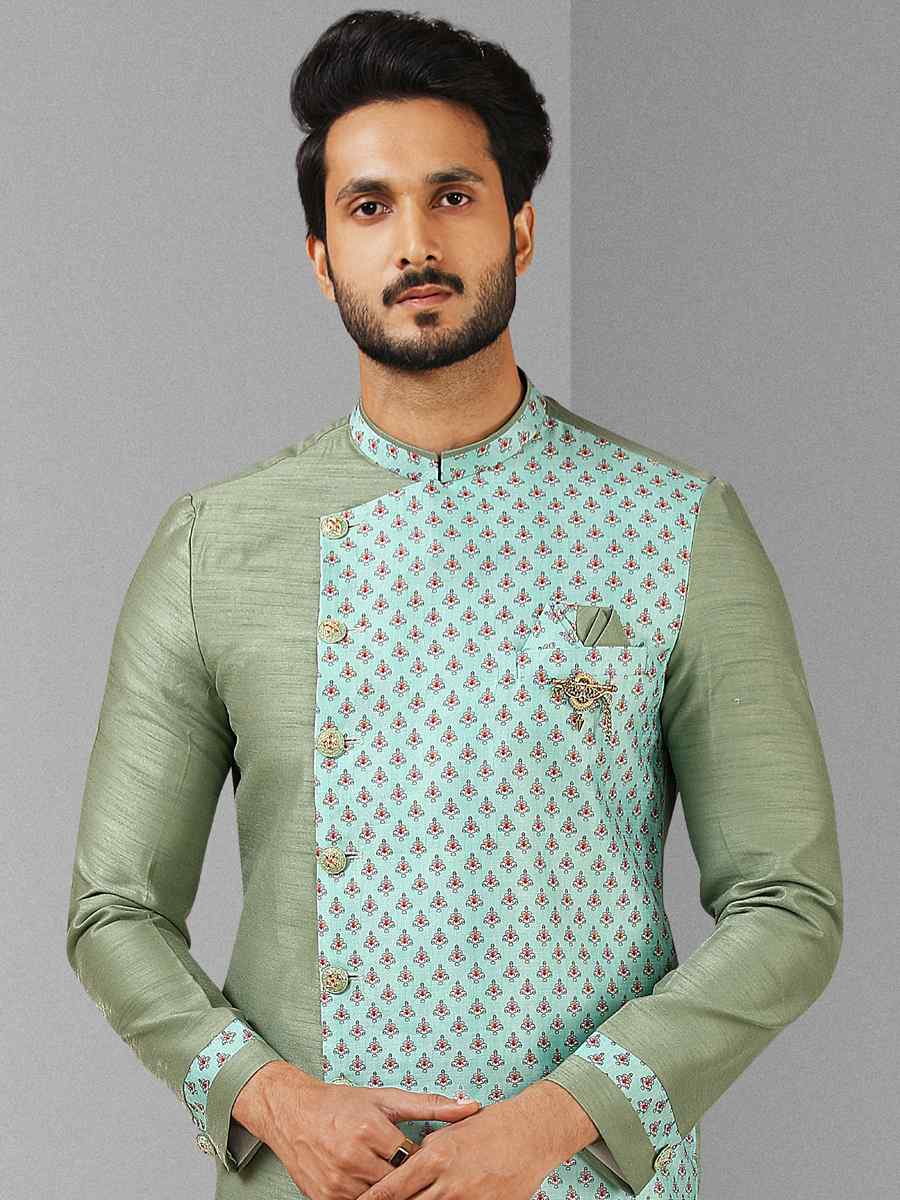 Green Art Silk Plain Printed Party Wedding Sherwani