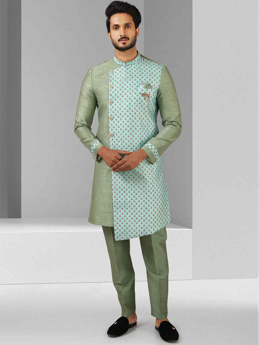 Green Art Silk Plain Printed Party Wedding Sherwani