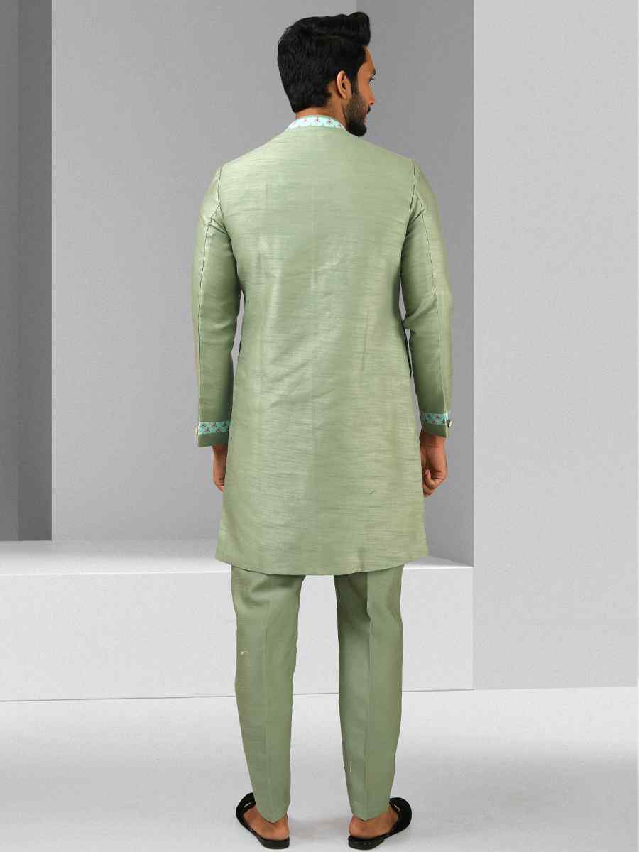 Green Art Silk Plain Printed Party Wedding Sherwani