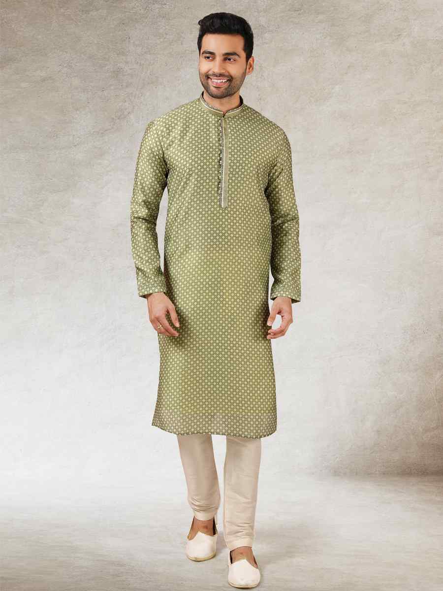 Green Art Silk Printed Festival Kurta