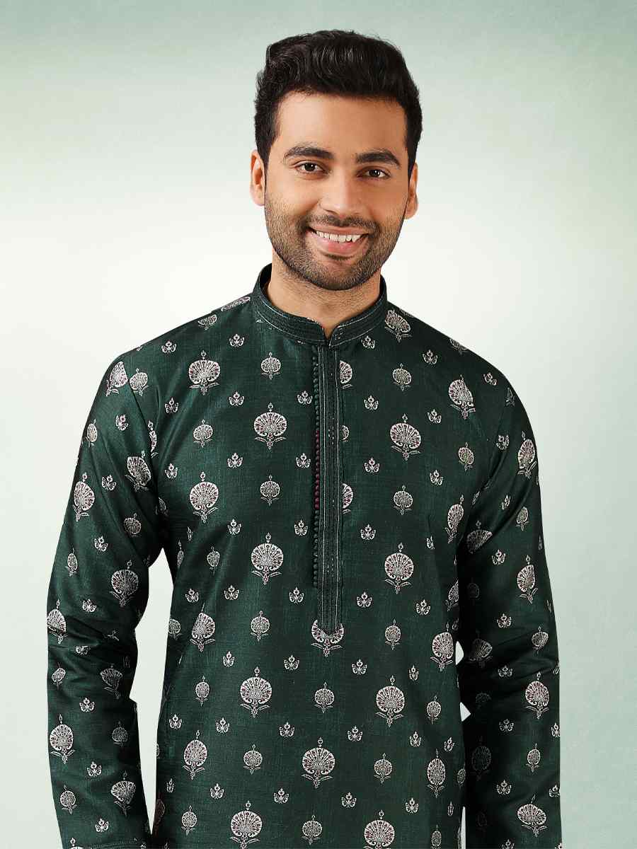 Green Art Silk Printed Festival Kurta