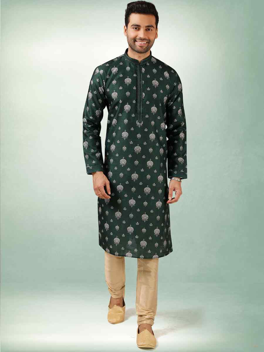 Green Art Silk Printed Festival Kurta