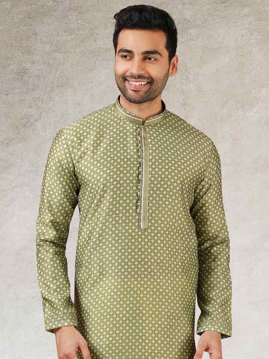 Green Art Silk Printed Festival Kurta