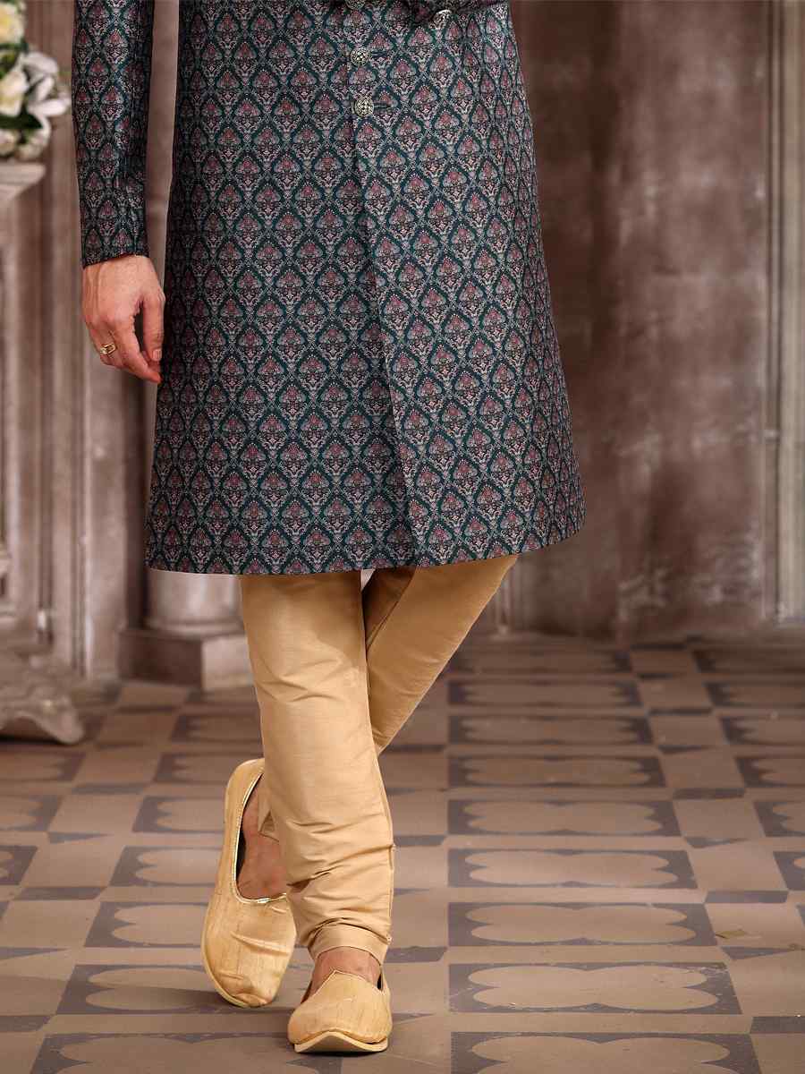 Green Art Silk Woven Wedding Party Sherwani