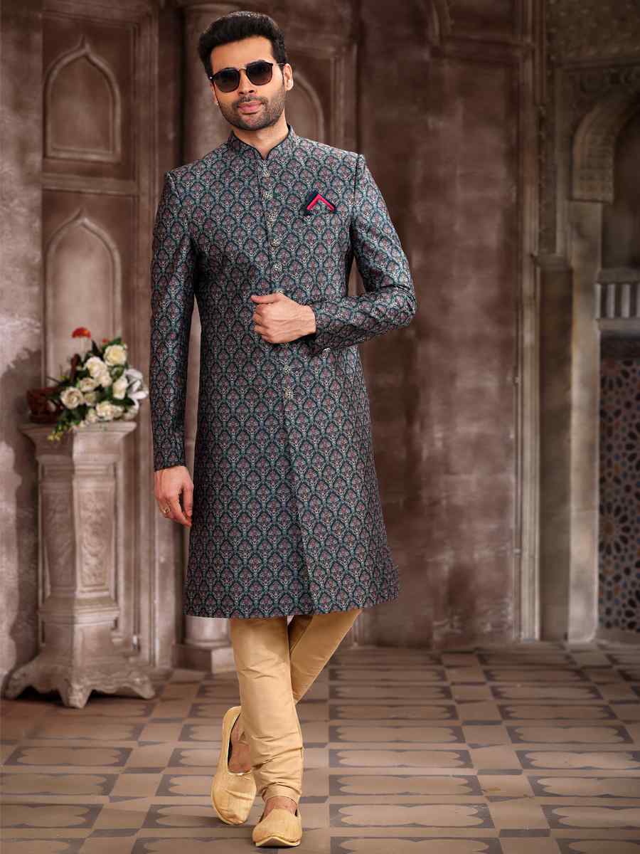 Green Art Silk Woven Wedding Party Sherwani