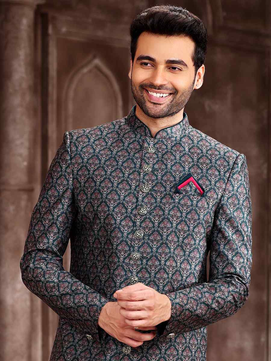 Green Art Silk Woven Wedding Party Sherwani