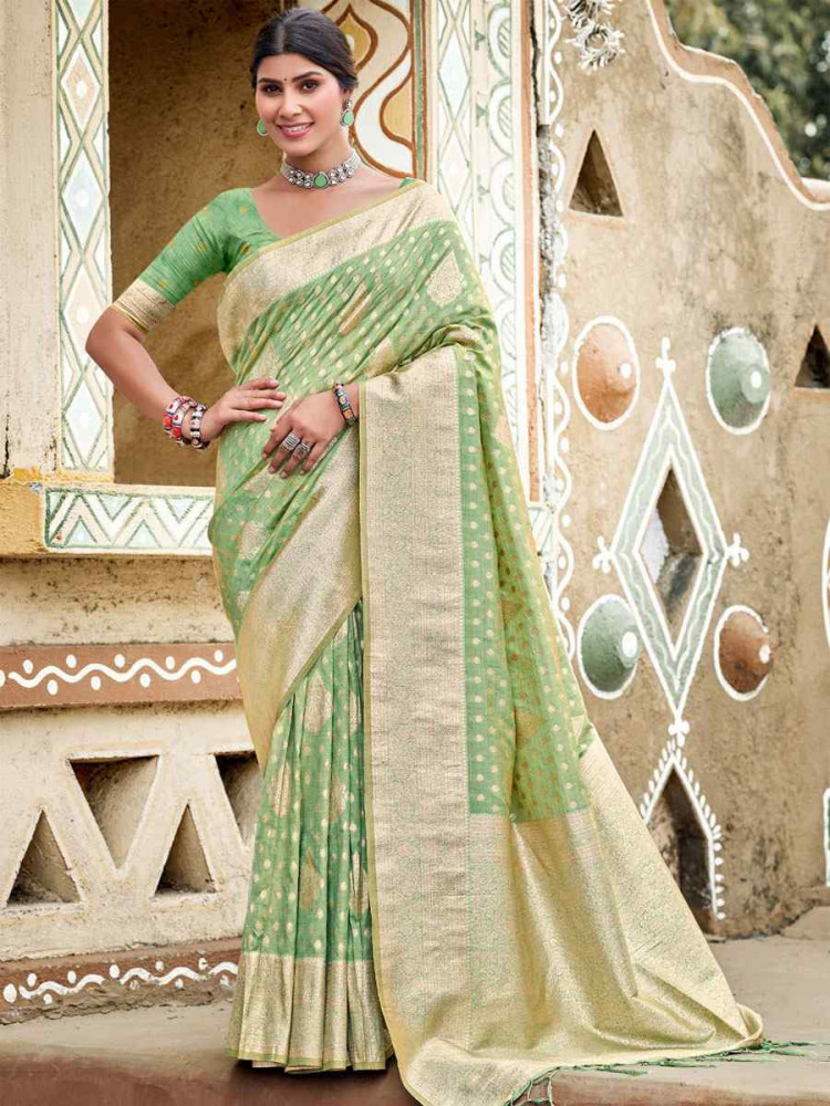 Image of Green Assam Silk Handwoven Festival Wedding Fancy Heavy Border Saree