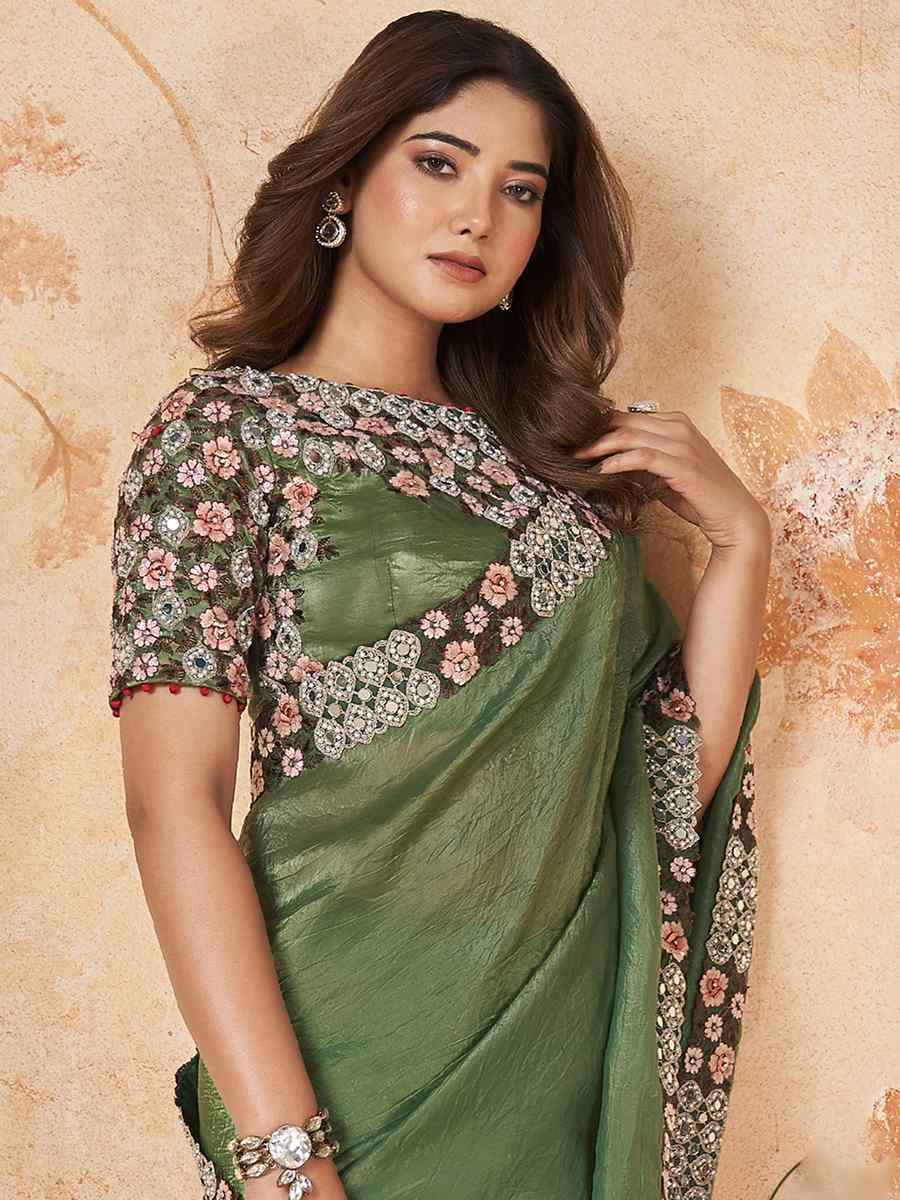 Green Banarasi Crush Silk Embroidered Party Wedding Heavy Border Saree