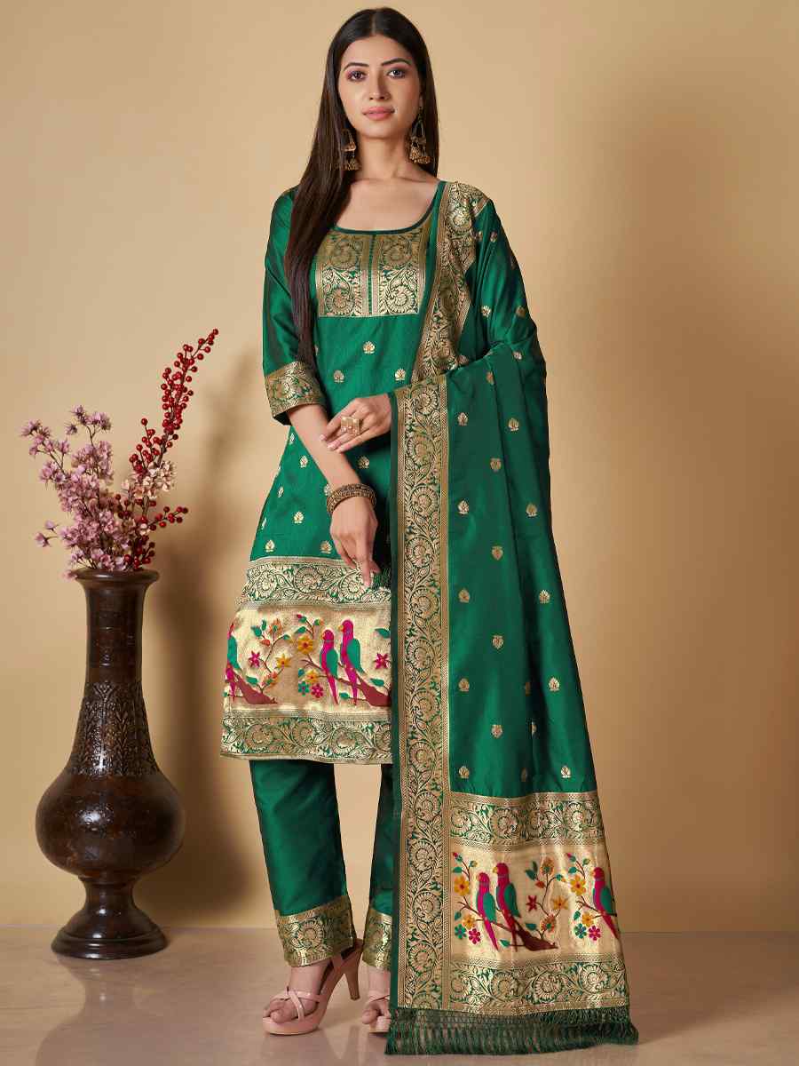 Green Banarasi Handwoven Mehendi Festival Pant Salwar Kameez