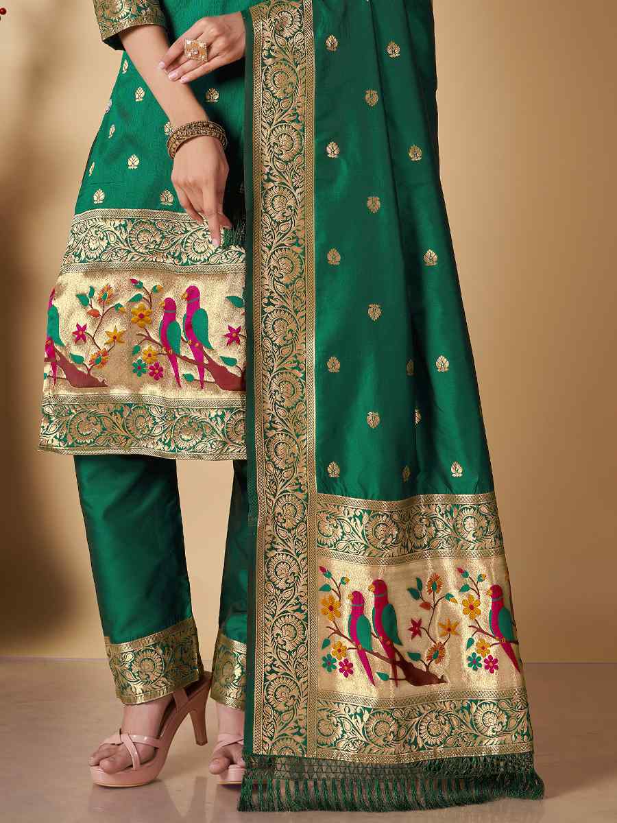 Green Banarasi Handwoven Mehendi Festival Pant Salwar Kameez