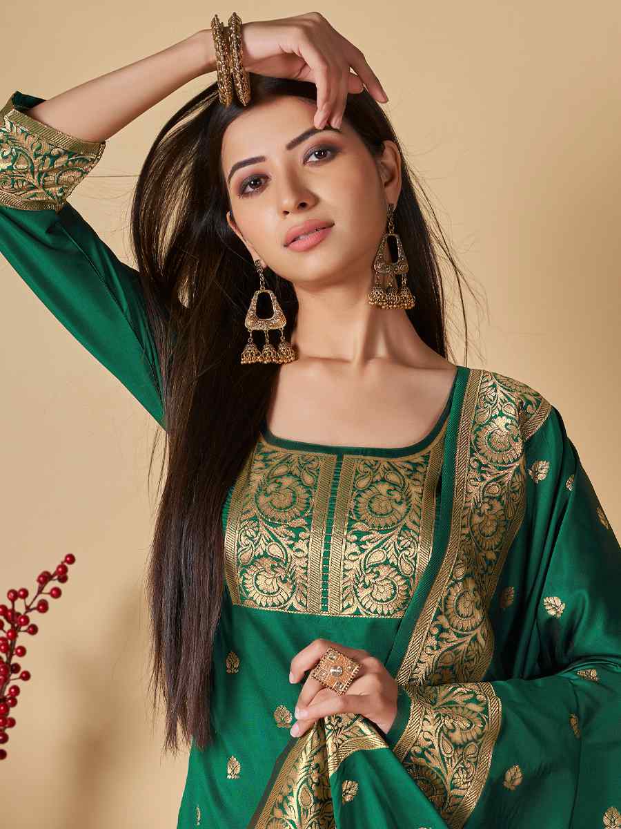 Green Banarasi Handwoven Mehendi Festival Pant Salwar Kameez