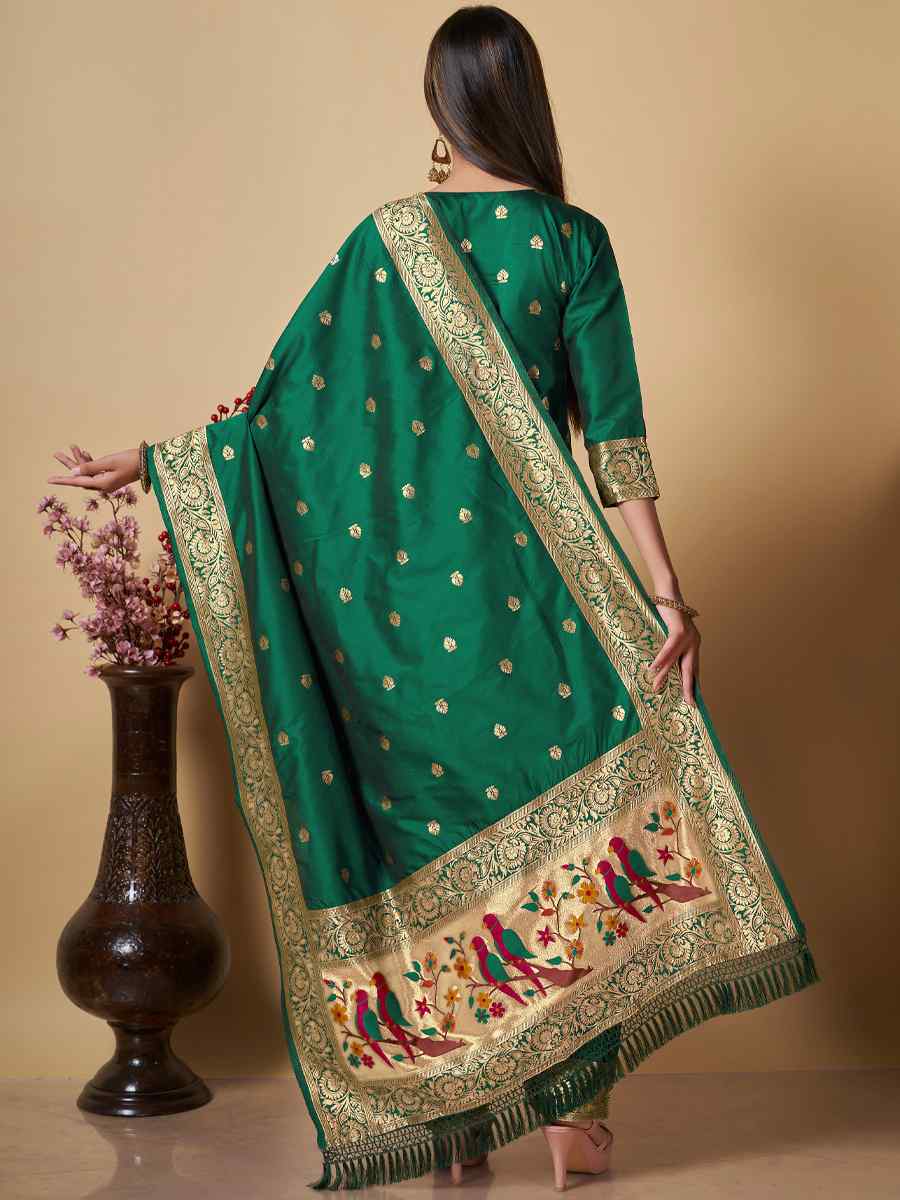 Green Banarasi Handwoven Mehendi Festival Pant Salwar Kameez