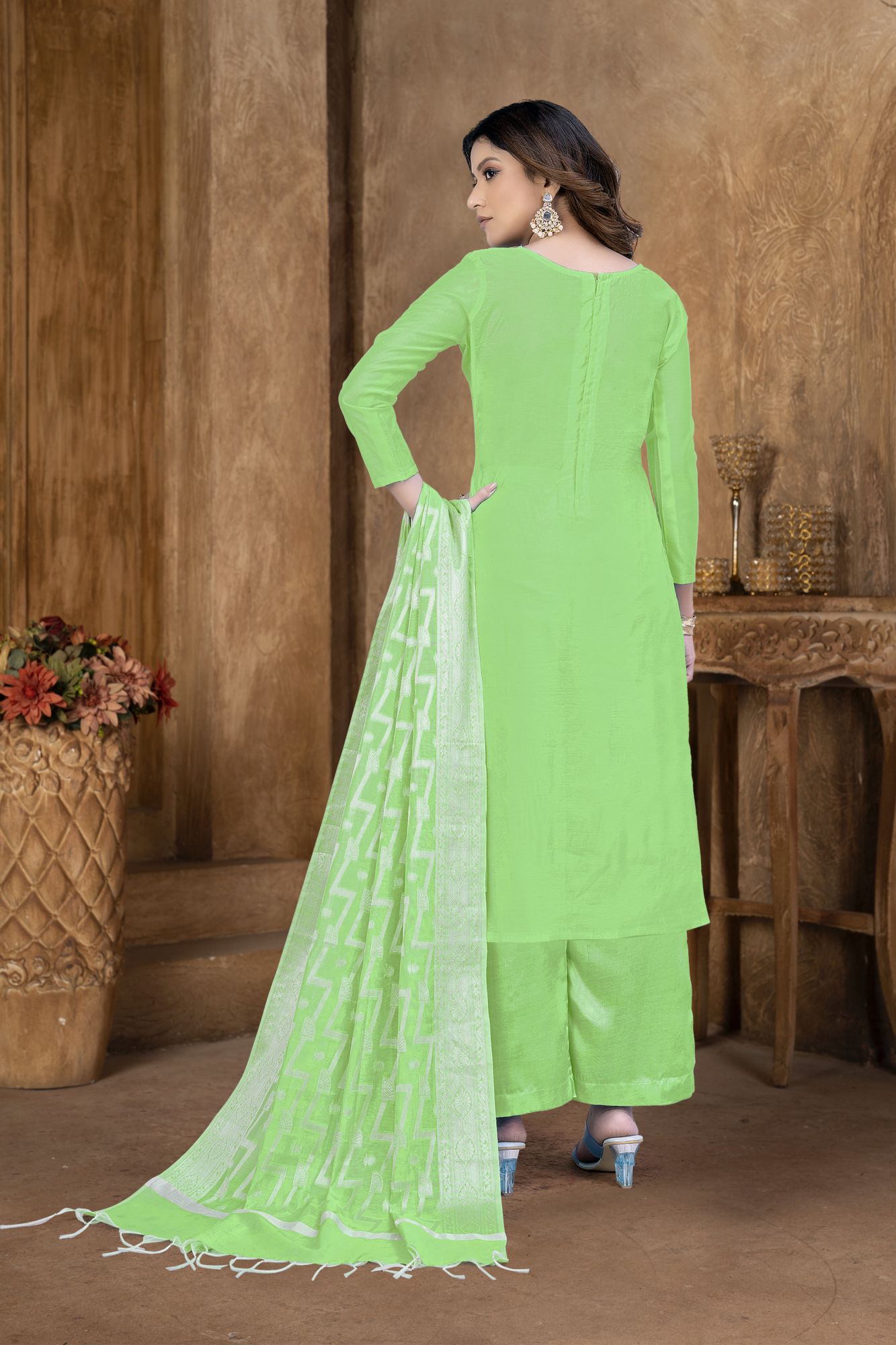 Green Banarasi Jacquard Embroidered Festival Party Pant Salwar Kameez