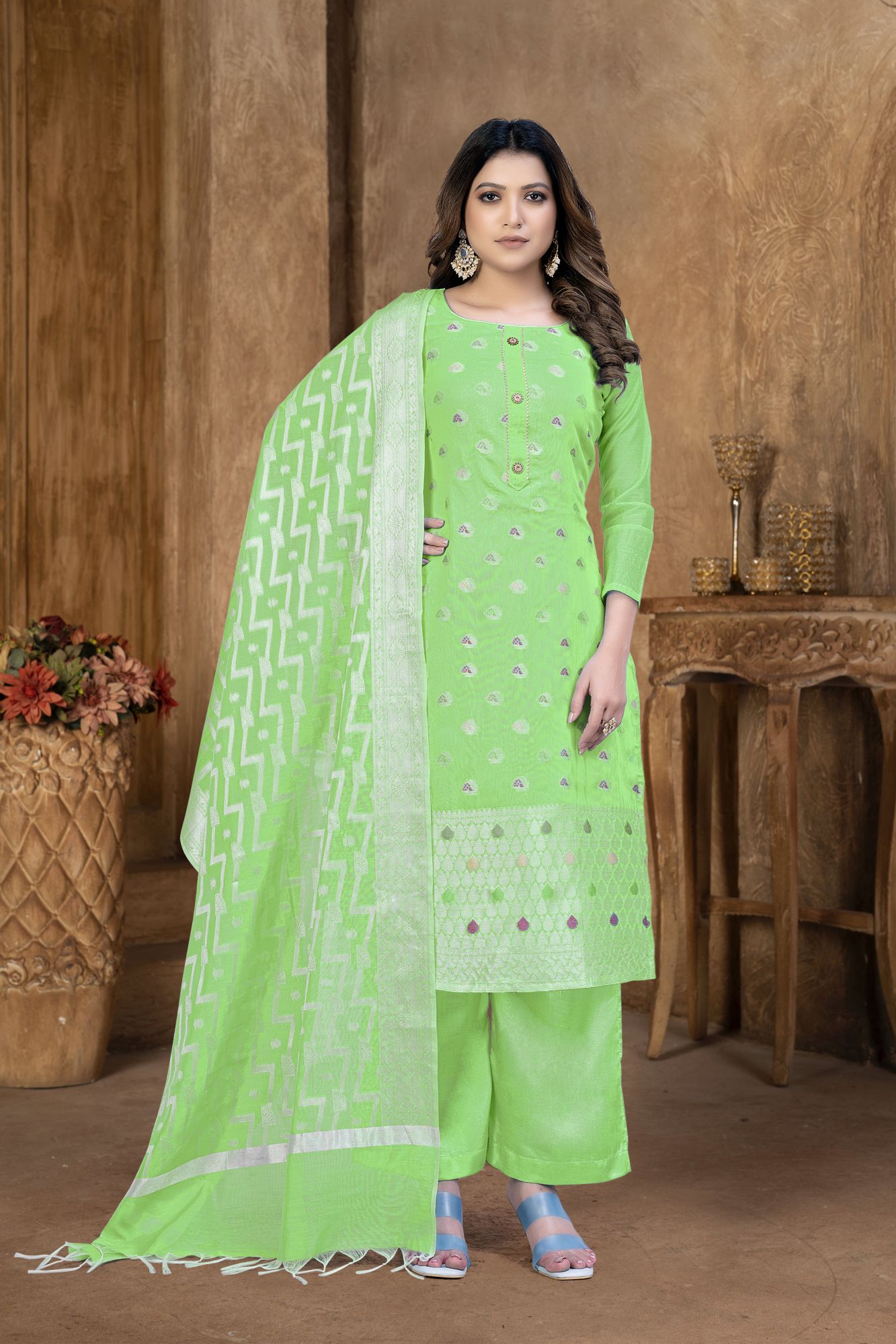 Green Banarasi Jacquard Embroidered Festival Party Pant Salwar Kameez