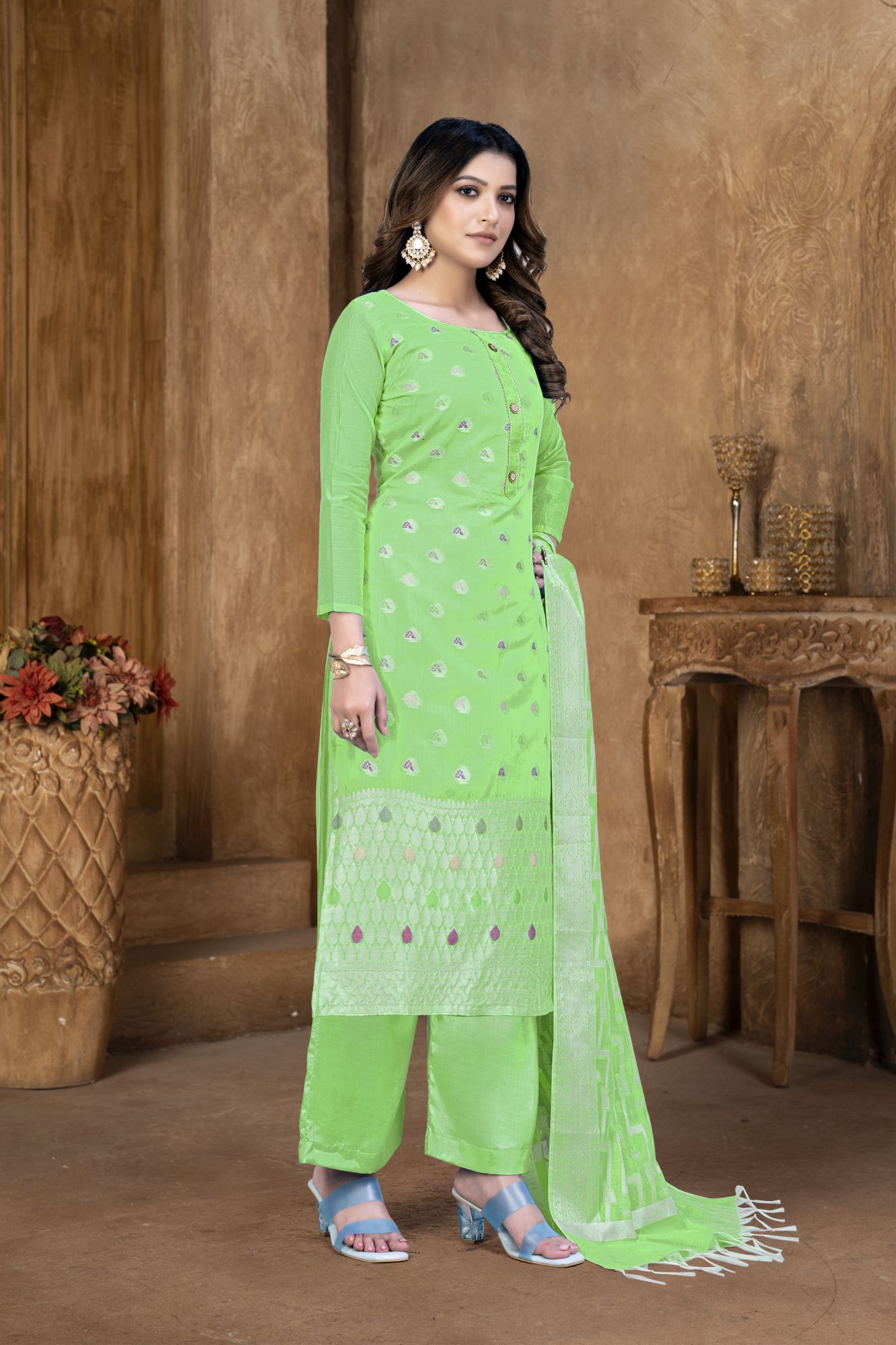 Green Banarasi Jacquard Embroidered Festival Party Pant Salwar Kameez