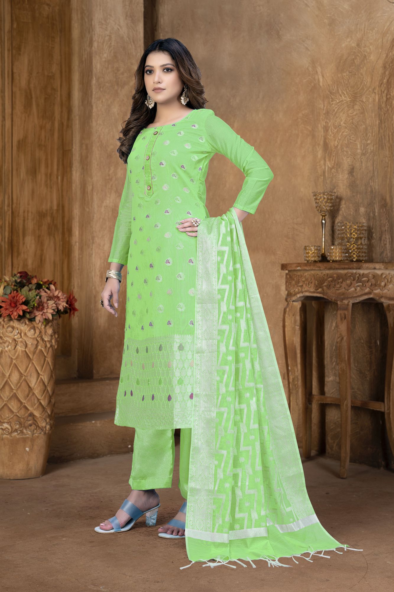Green Banarasi Jacquard Embroidered Festival Party Pant Salwar Kameez