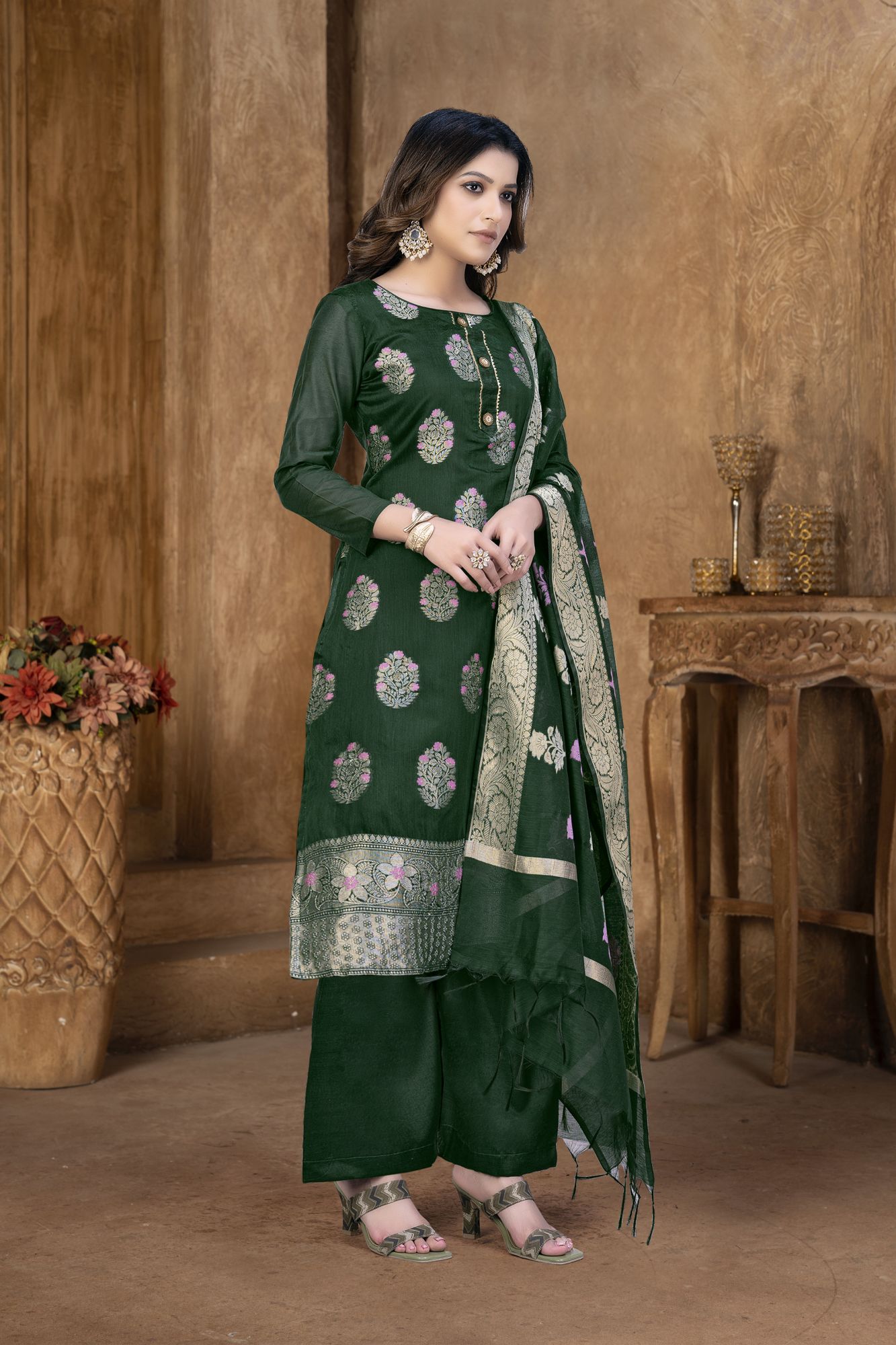 Green Banarasi Jacquard Embroidered Festival Party Pant Salwar Kameez