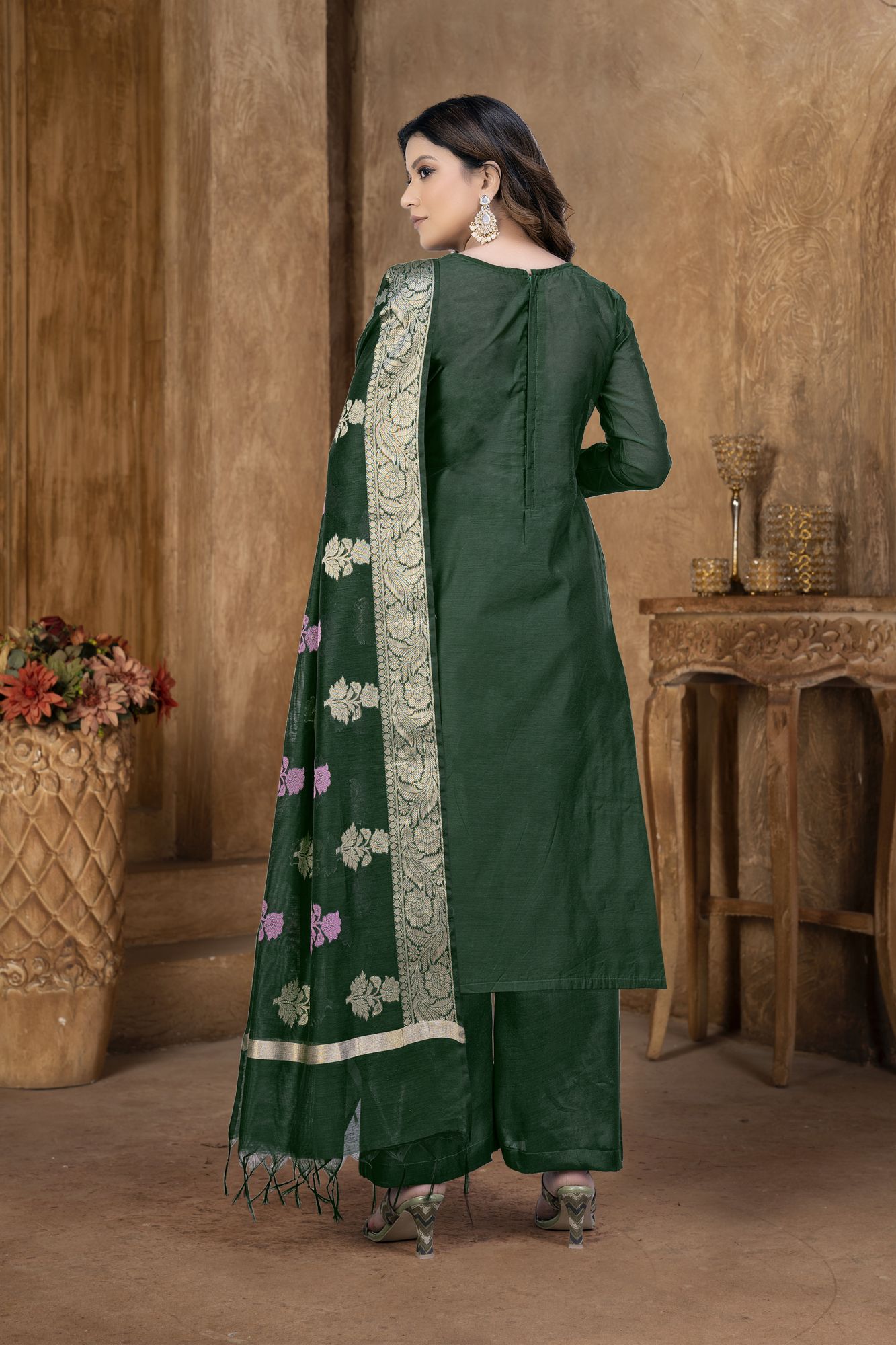 Green Banarasi Jacquard Embroidered Festival Party Pant Salwar Kameez