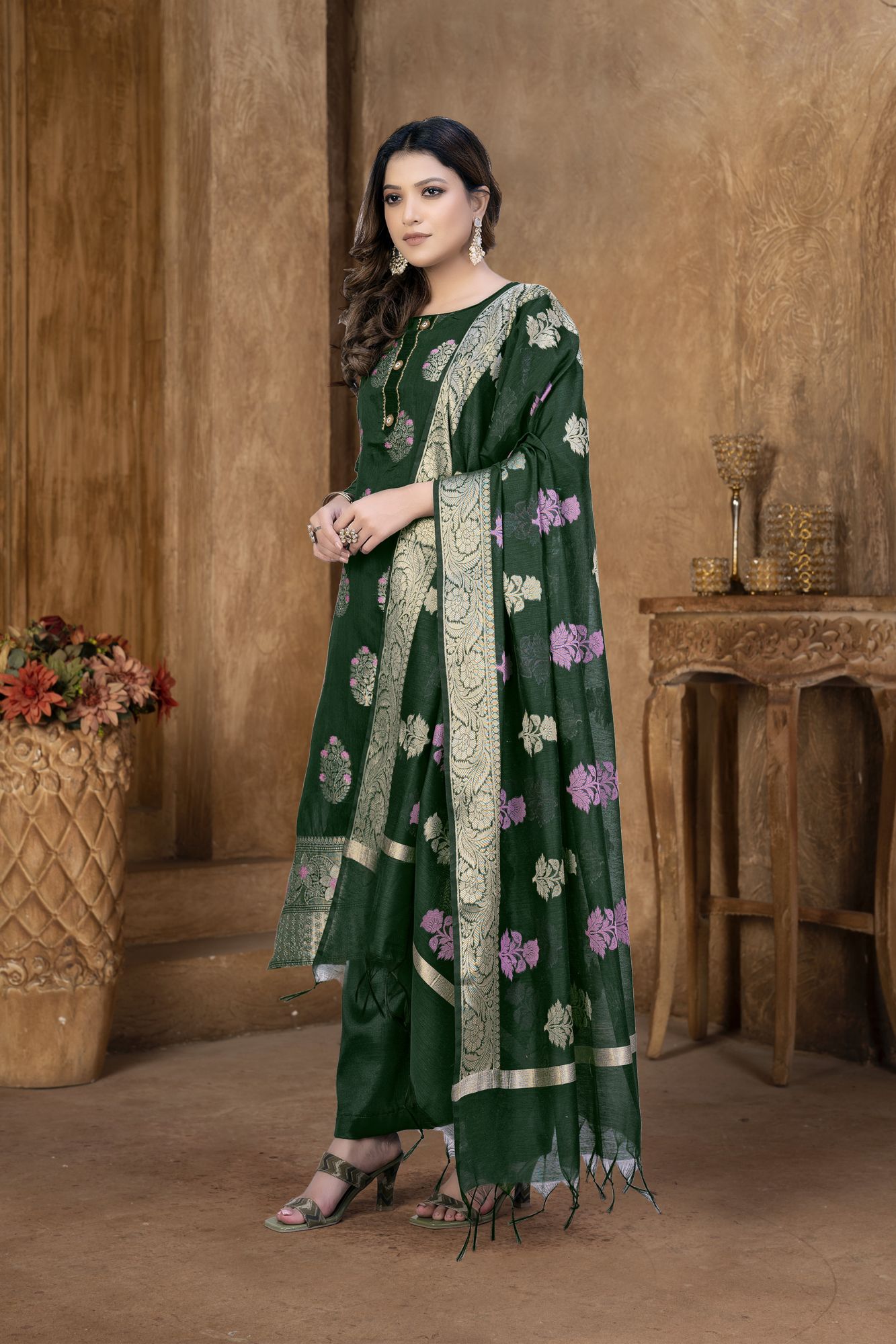 Green Banarasi Jacquard Embroidered Festival Party Pant Salwar Kameez