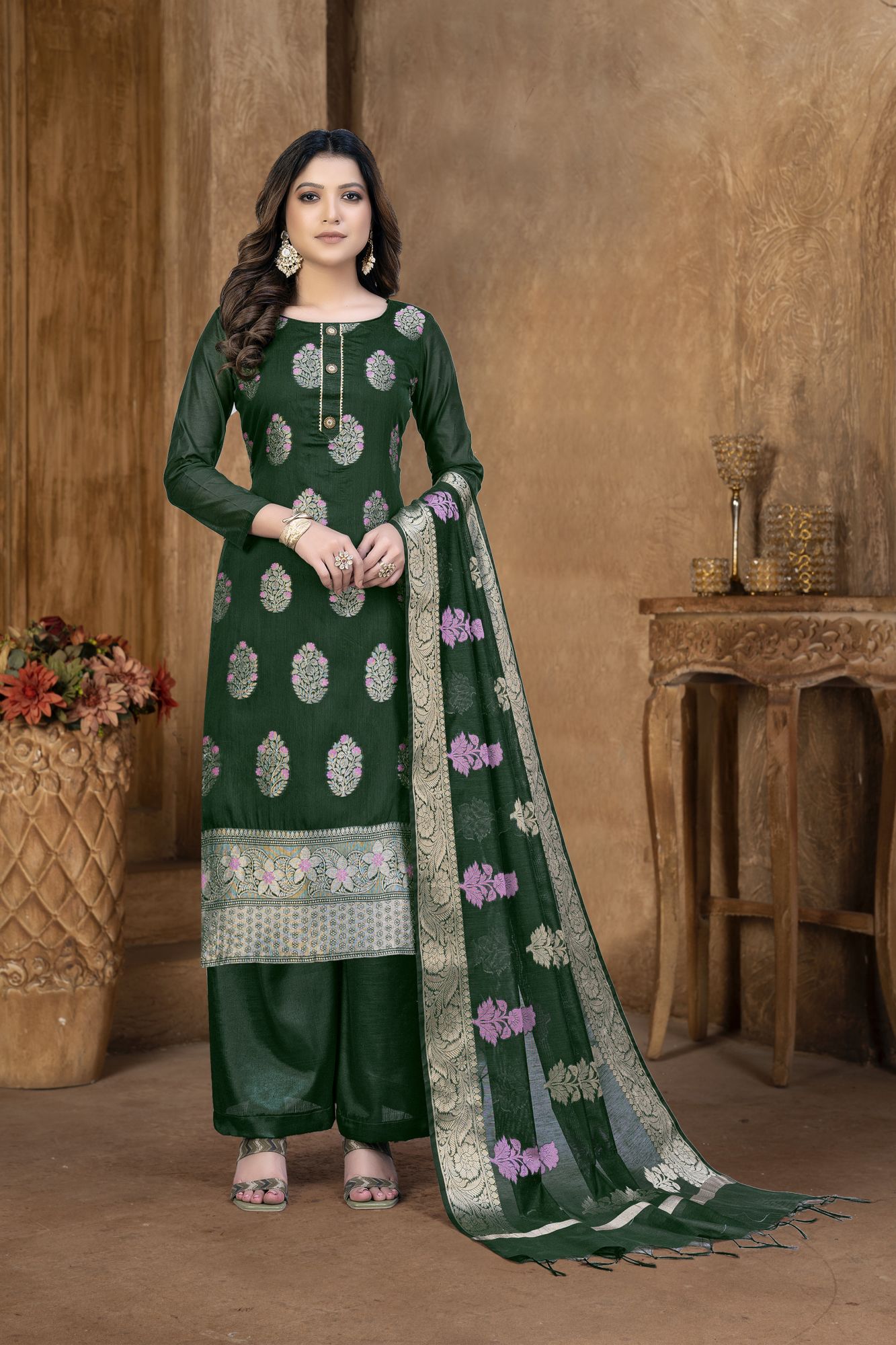 Green Banarasi Jacquard Embroidered Festival Party Pant Salwar Kameez