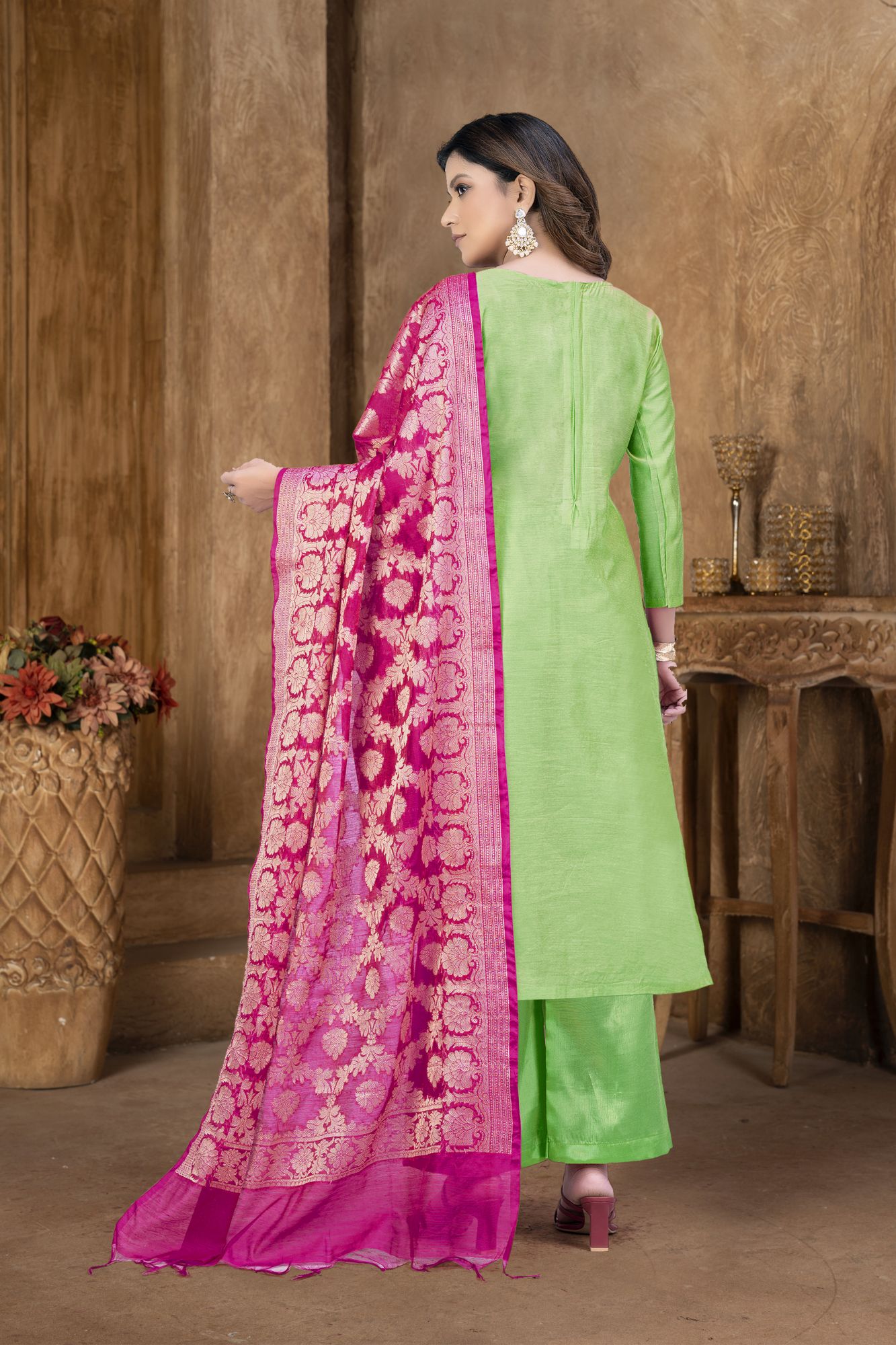 Green Banarasi Jacquard Embroidery Pant Salwar Kameez