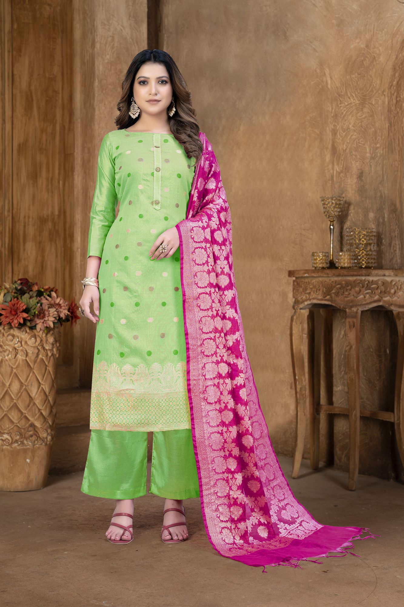 Green Banarasi Jacquard Embroidery Pant Salwar Kameez