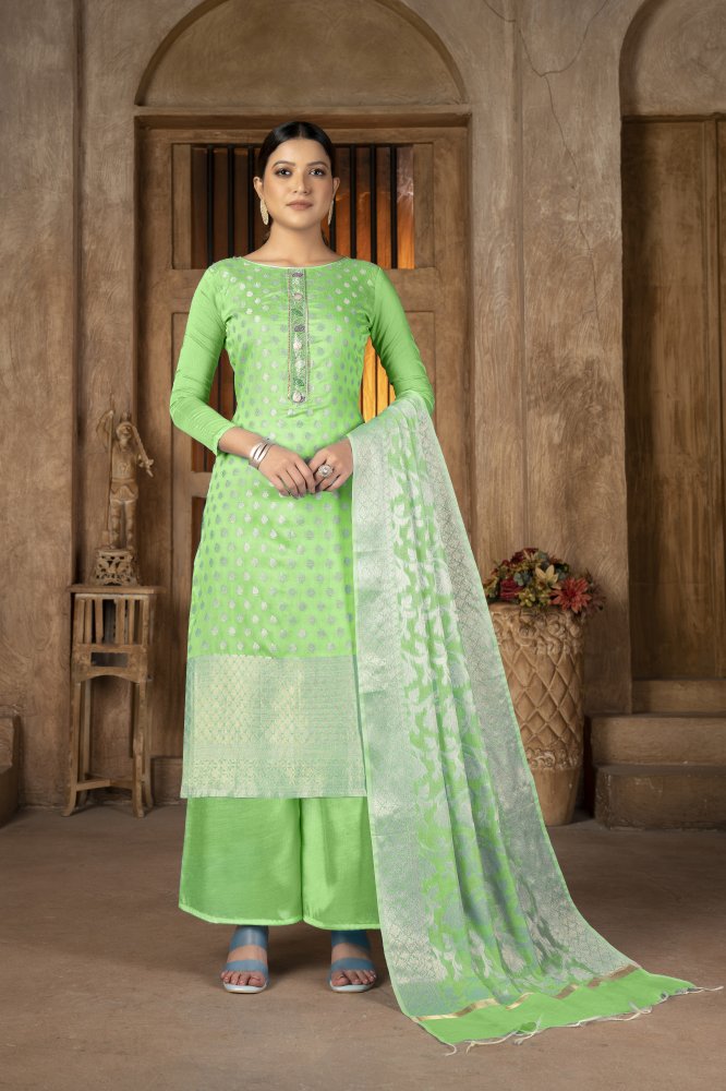 Green Banarasi Jacquard Embroidery Pant Salwar Kameez