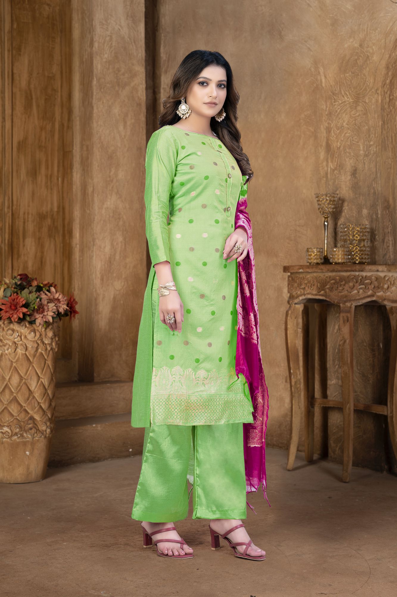 Green Banarasi Jacquard Embroidery Pant Salwar Kameez