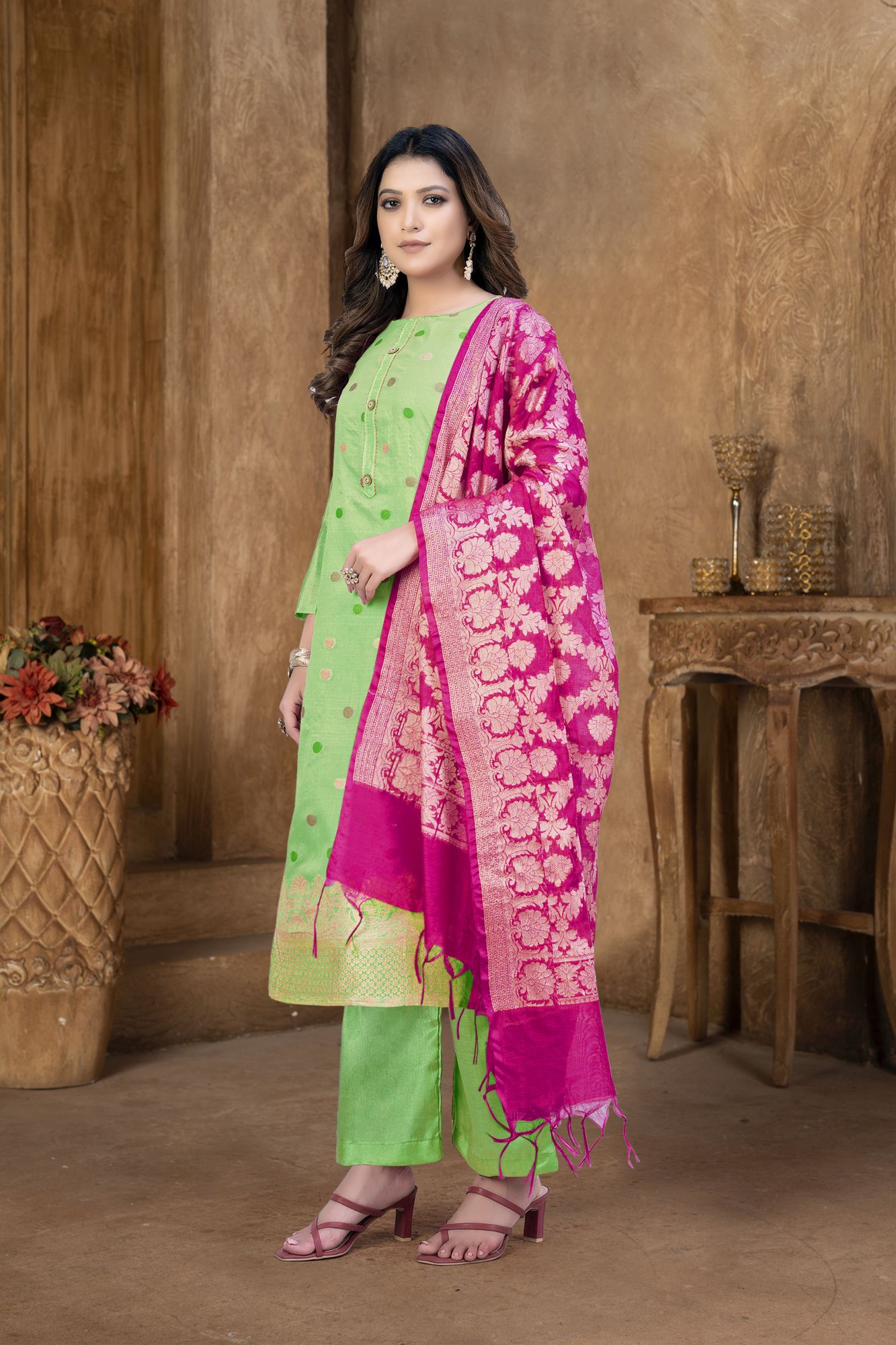 Green Banarasi Jacquard Embroidery Pant Salwar Kameez