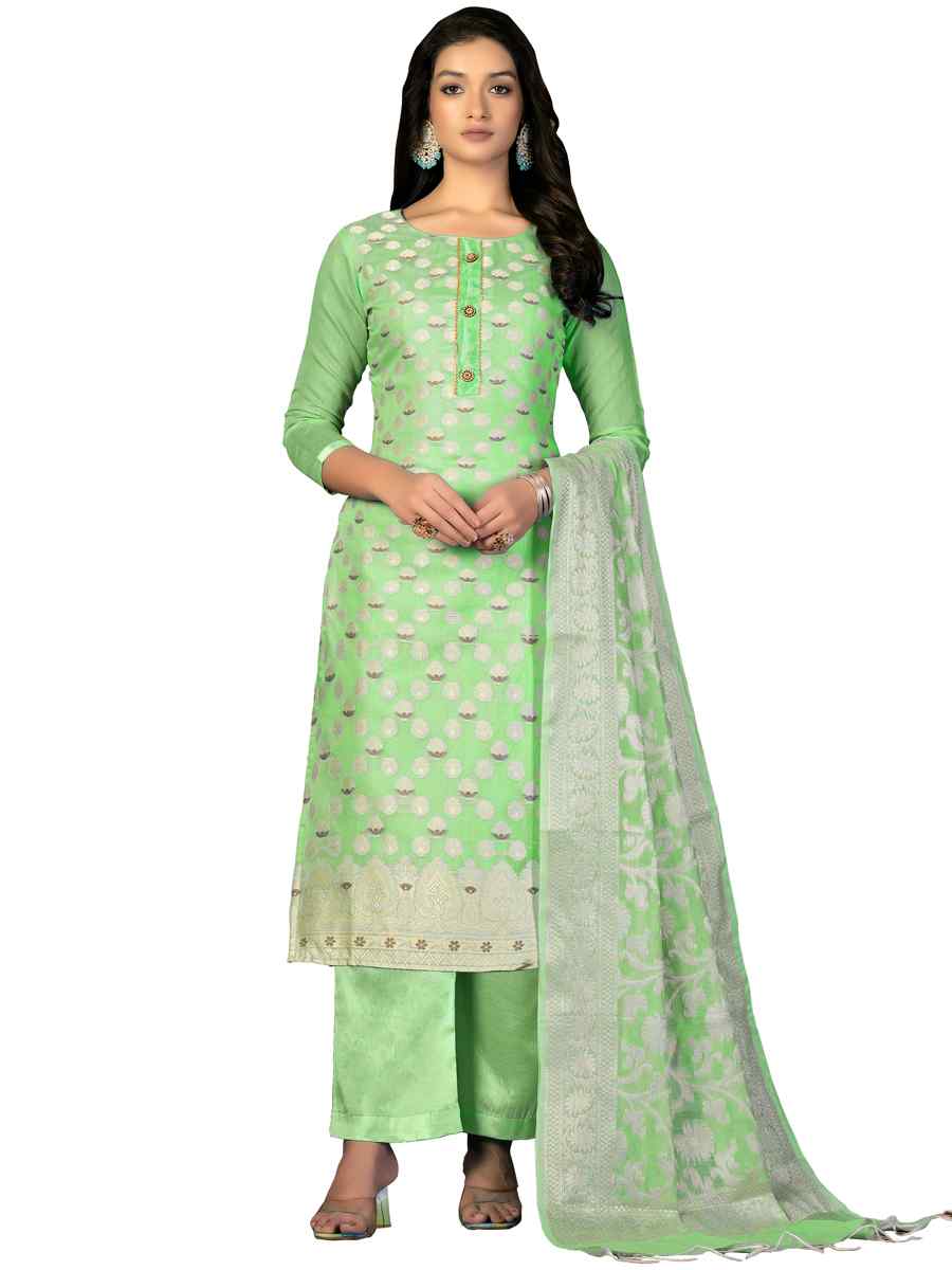 Green Banarasi Jacquard Handwoven Casual Festival Pant Salwar Kameez