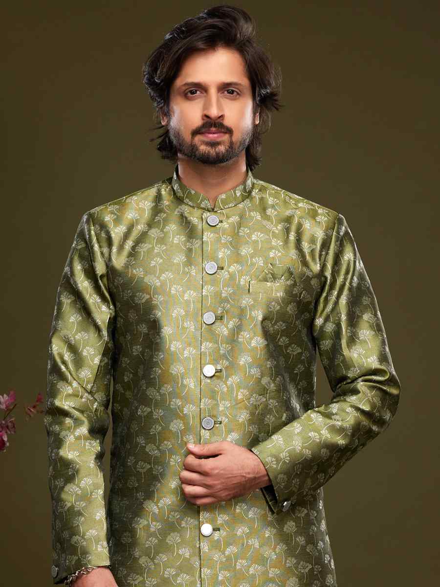 Green Banarasi Jacquard Woven Wedding Party Sherwani