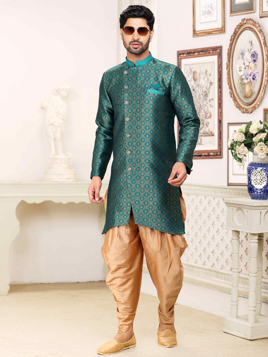 Green Banarasi Jacquard Woven Wedding Party Sherwani