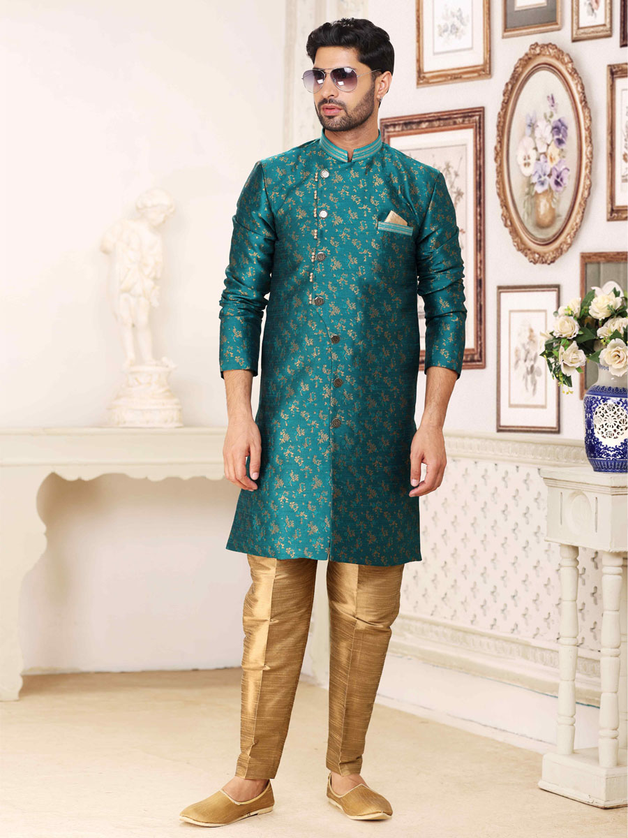 Green Banarasi Jacquard Woven Wedding Party Sherwani