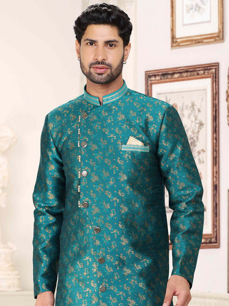 Green Banarasi Jacquard Woven Wedding Party Sherwani