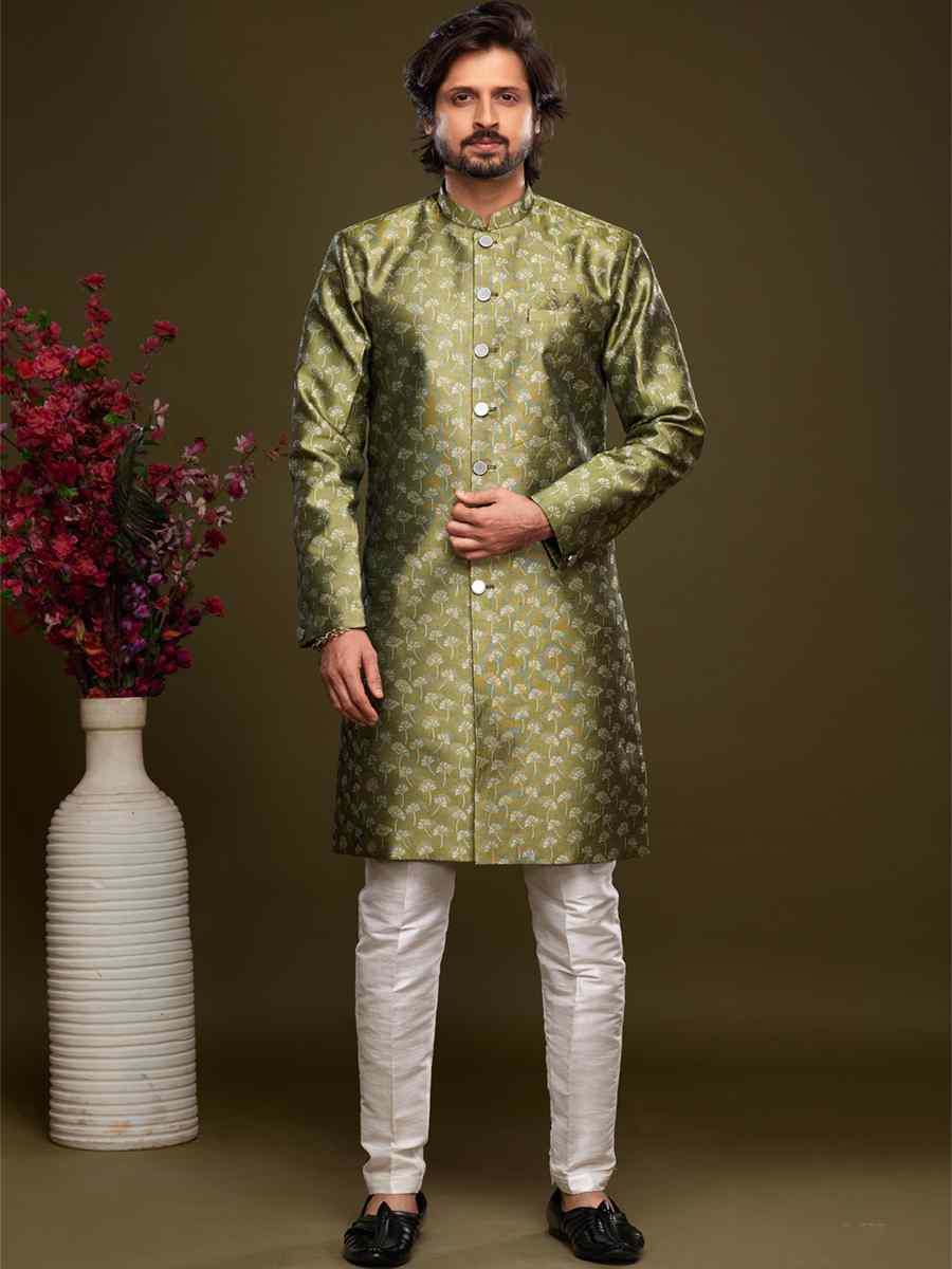 Green Banarasi Jacquard Woven Wedding Party Sherwani