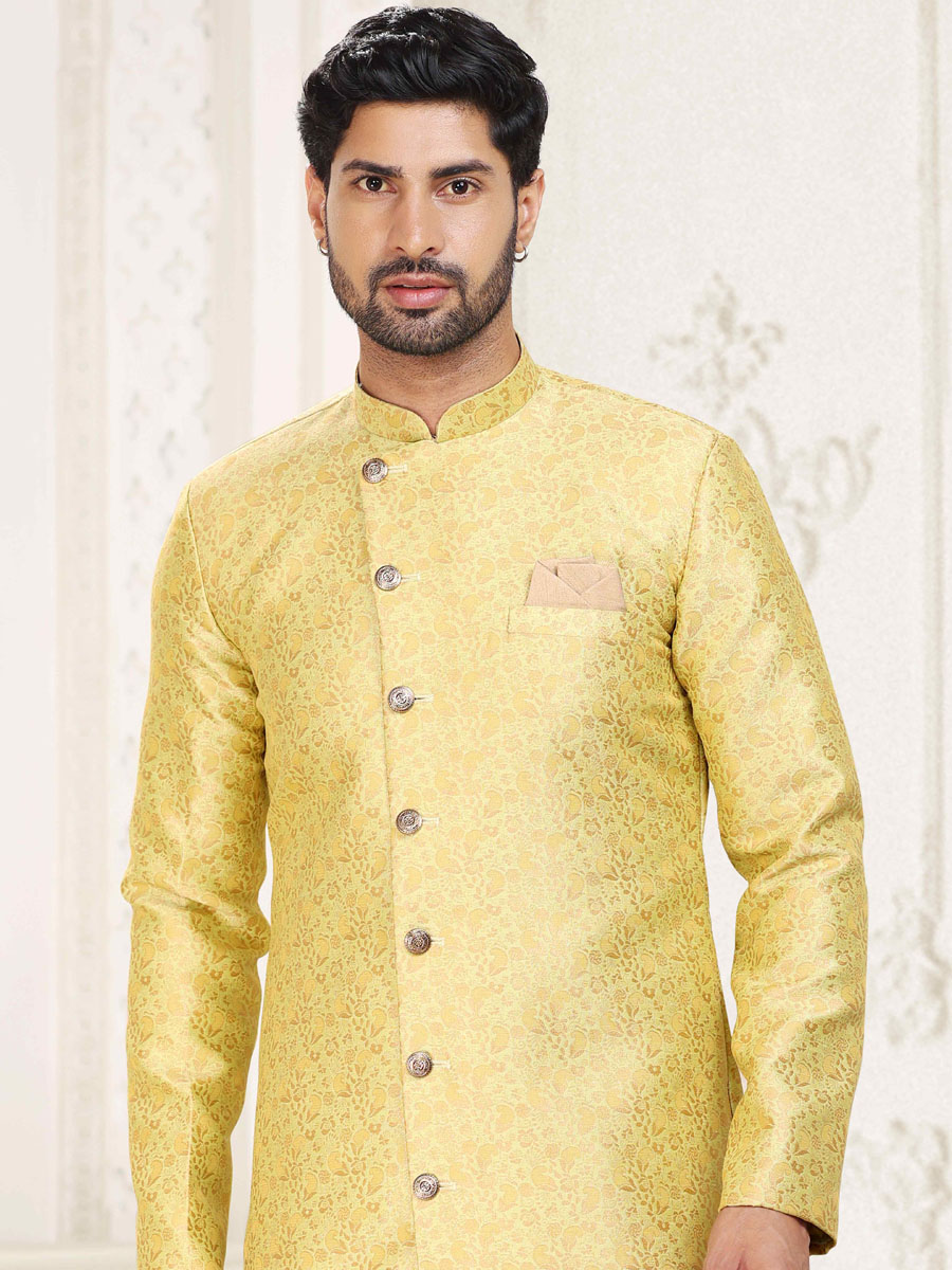 Green Banarasi Jacquard Woven Wedding Party Sherwani