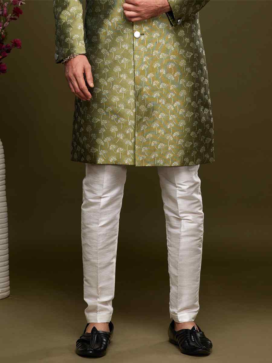 Green Banarasi Jacquard Woven Wedding Party Sherwani
