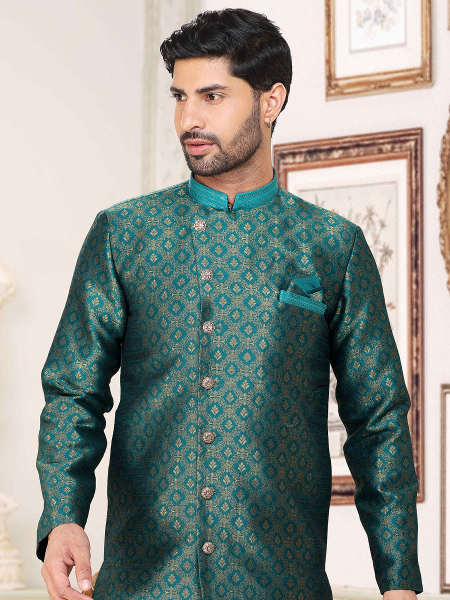 Green Banarasi Jacquard Woven Wedding Party Sherwani