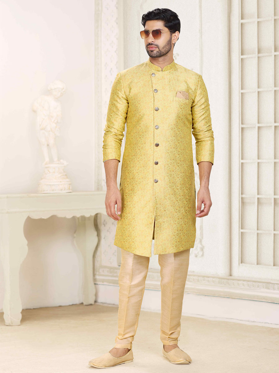 Green Banarasi Jacquard Woven Wedding Party Sherwani