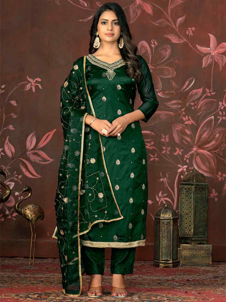 Green Banarasi Organza Embroidered Casual Festival Pant Salwar Kameez