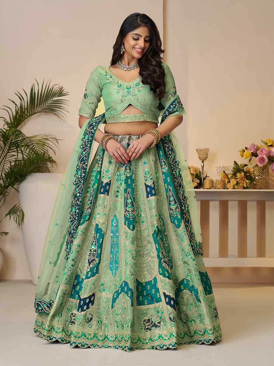 Green Banarasi silk Embroidered Wedding Bridesmaid Heavy Border Lehenga Choli