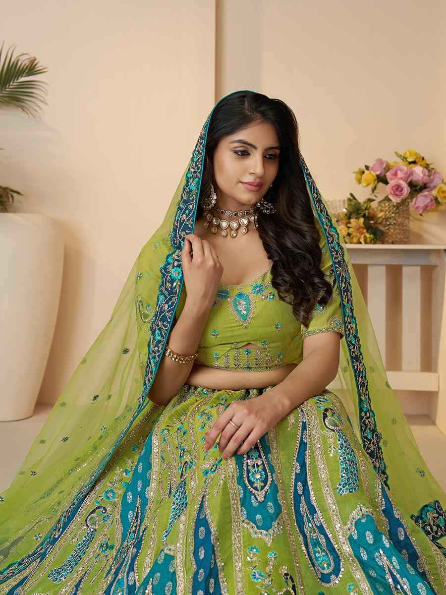 Green Banarasi silk Embroidered Wedding Bridesmaid Heavy Border Lehenga Choli