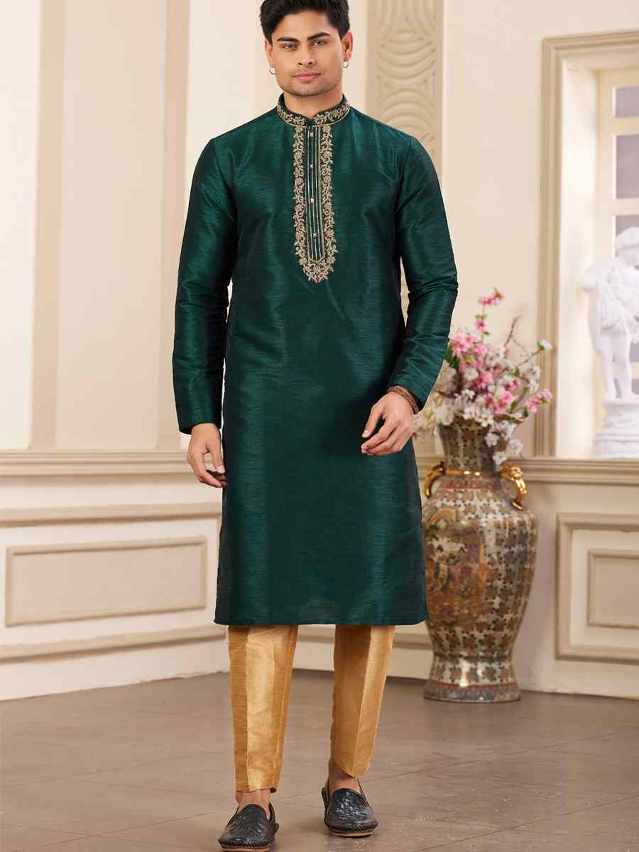 Green Banarasi Silk Embroidered Festival Party Kurta