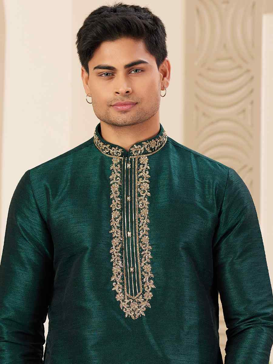 Green Banarasi Silk Embroidered Festival Party Kurta