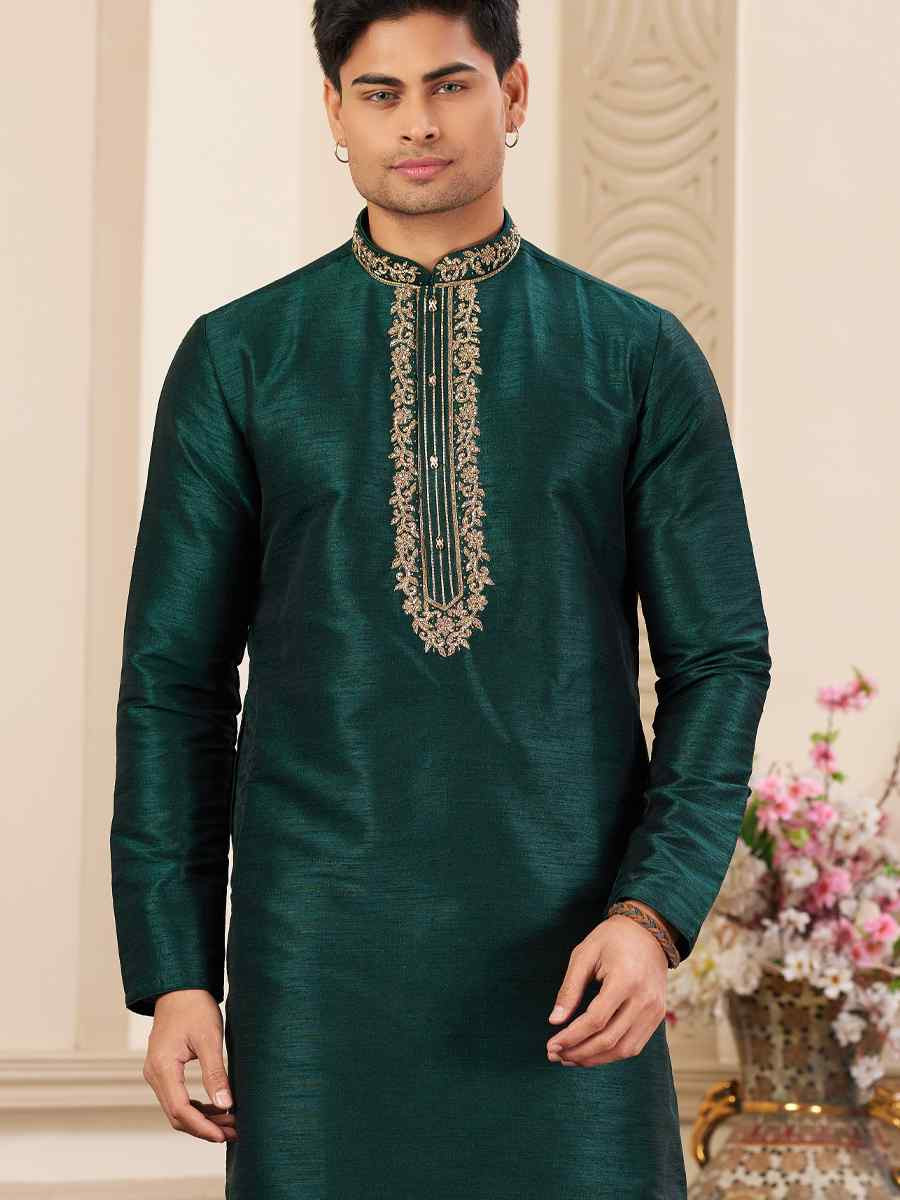 Green Banarasi Silk Embroidered Festival Party Kurta