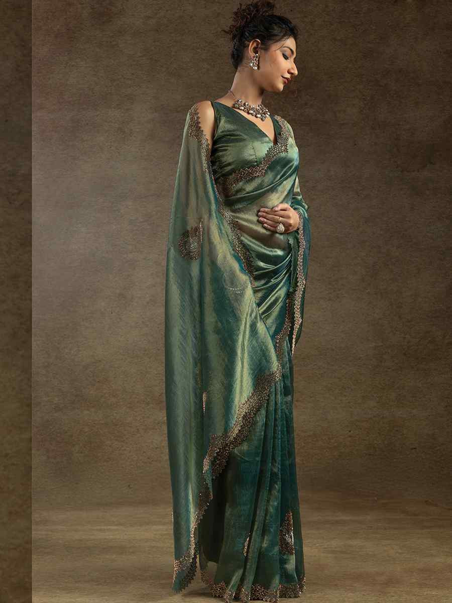 Green Banarasi Silk Embroidered Festival Wedding Fancy Heavy Border Saree