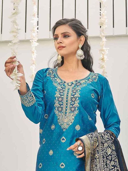 Blue Banarasi Silk Embroidered Festival Wedding Pant Salwar Kameez